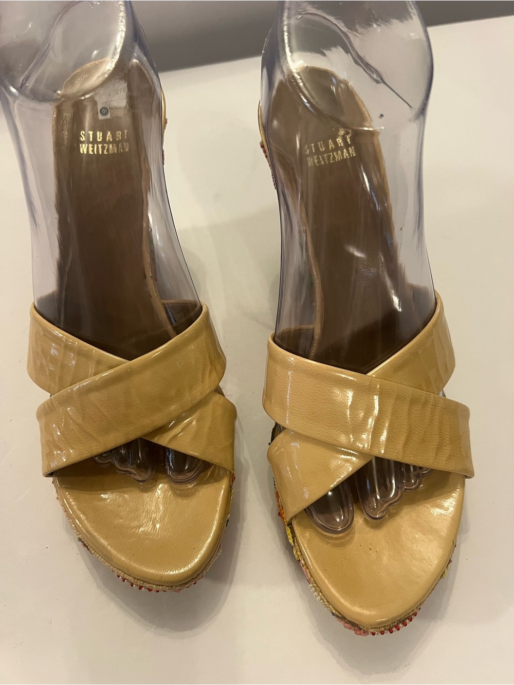 Stuart Weitzman Yellow Tan Crisscross Slide Mules Floral Embroidered Beaded